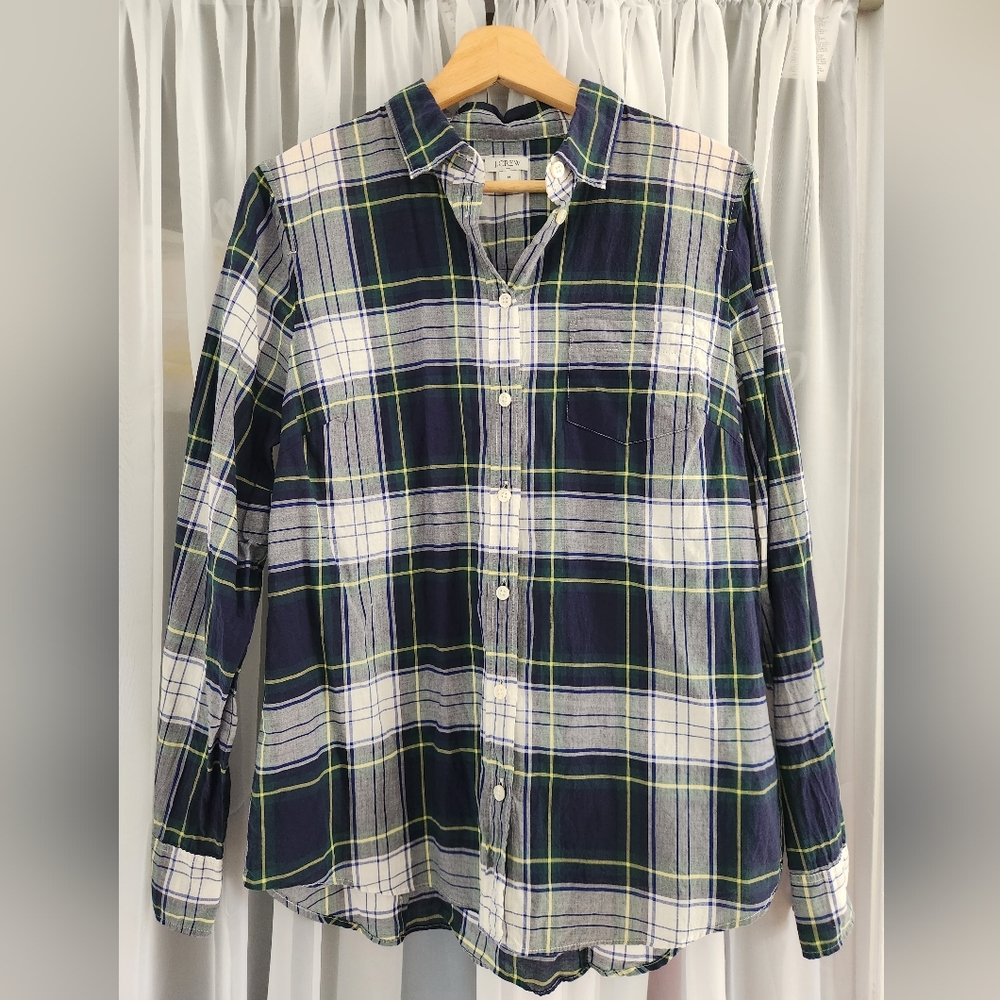 J. Crew navy, green, yellow plaid button-up shirt with pocket, men's medium